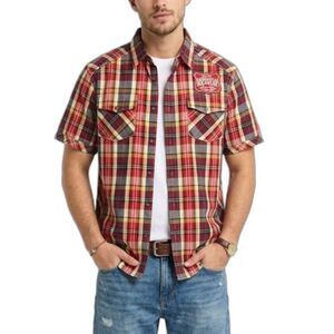 Rocawear Denim Co. Red Plaid Cotton Master Builder SS Snap Front Shirt Size XL
